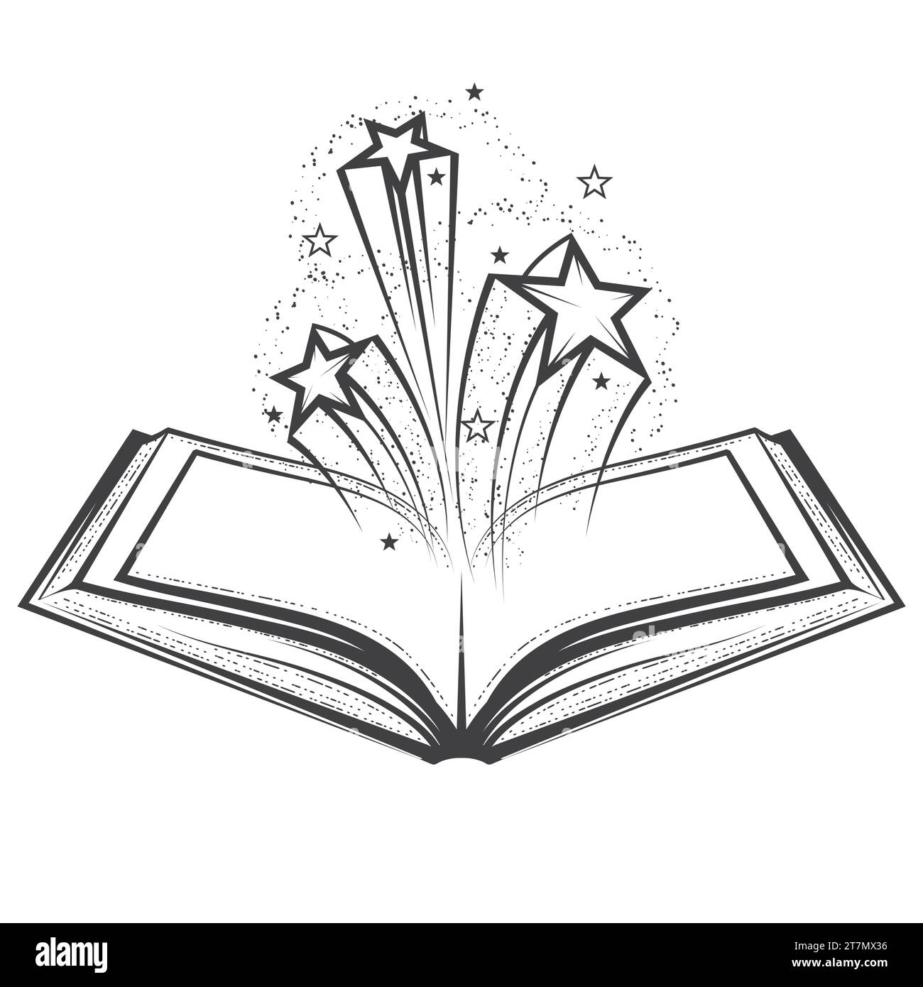 Apri un libro magico con stelle che splatterono, stregoneria da favola e incantesimi mistici, vettoriali Illustrazione Vettoriale