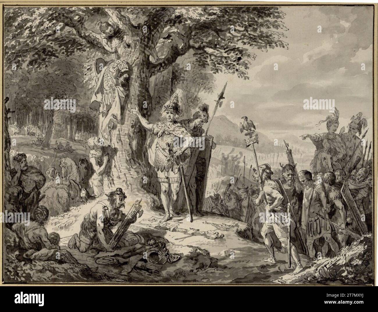 Johann Heinrich Tischbein (il più vecchio) dopo la battaglia nella foresta di Teutoburgo, Armin lascia trofei romani su una quercia. Federed in grigio lavata dopo il 1767 Foto Stock