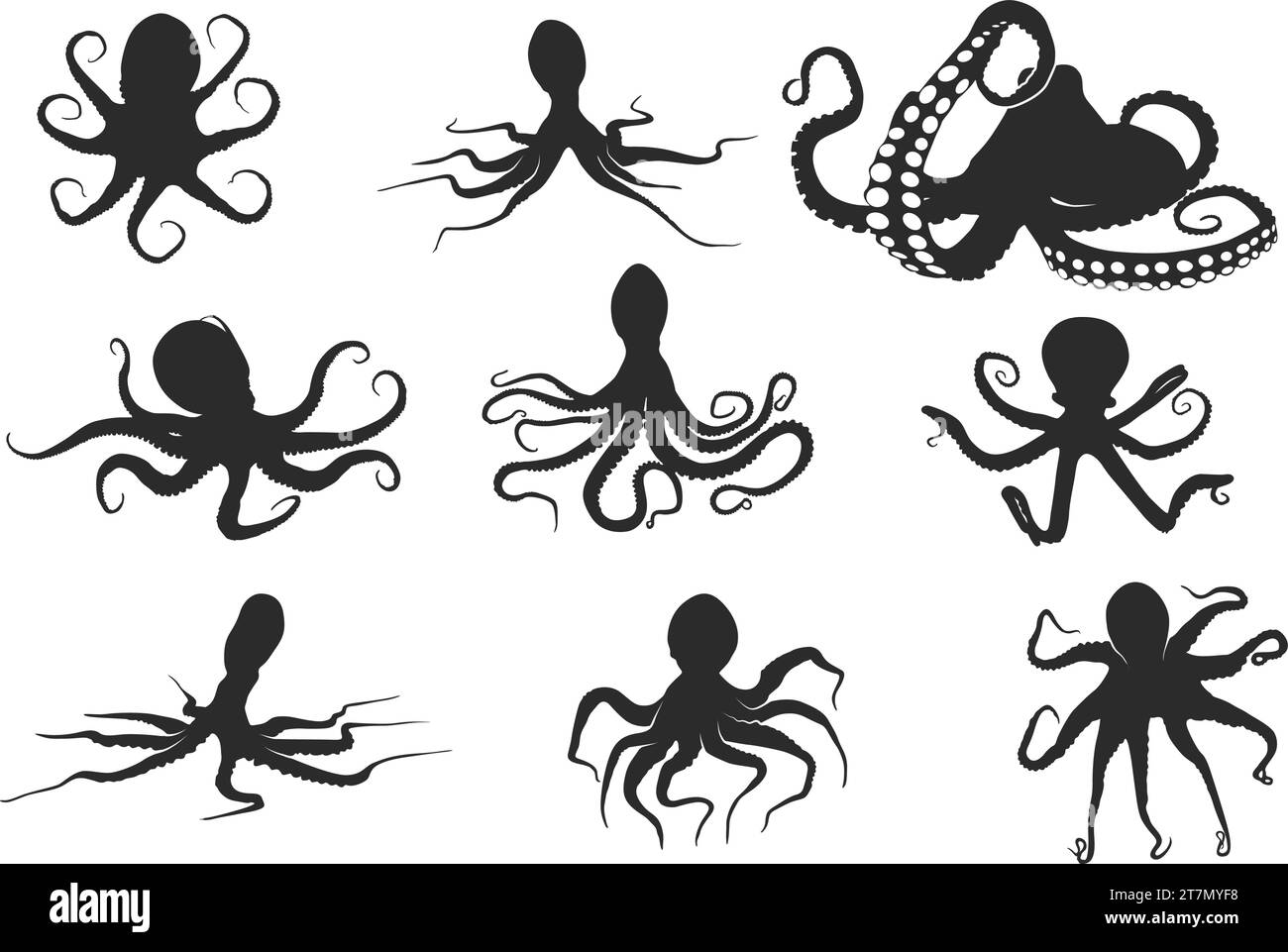 Silhouette di polpo, vettoriale di polpo, silhouette di polpo, clipart di polpo, set di icone di polpo Illustrazione Vettoriale