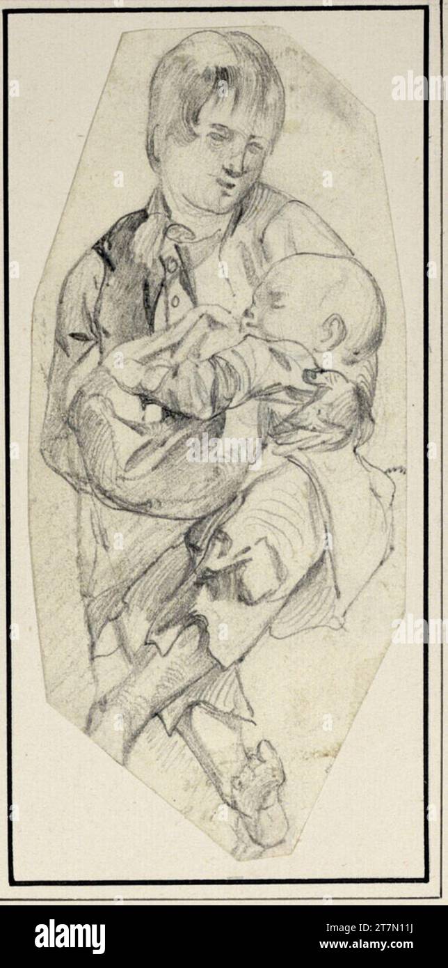 Carl Pischinger seduto, ragazzo mal vestito con un bambino tra le braccia. Disegno a matita Foto Stock