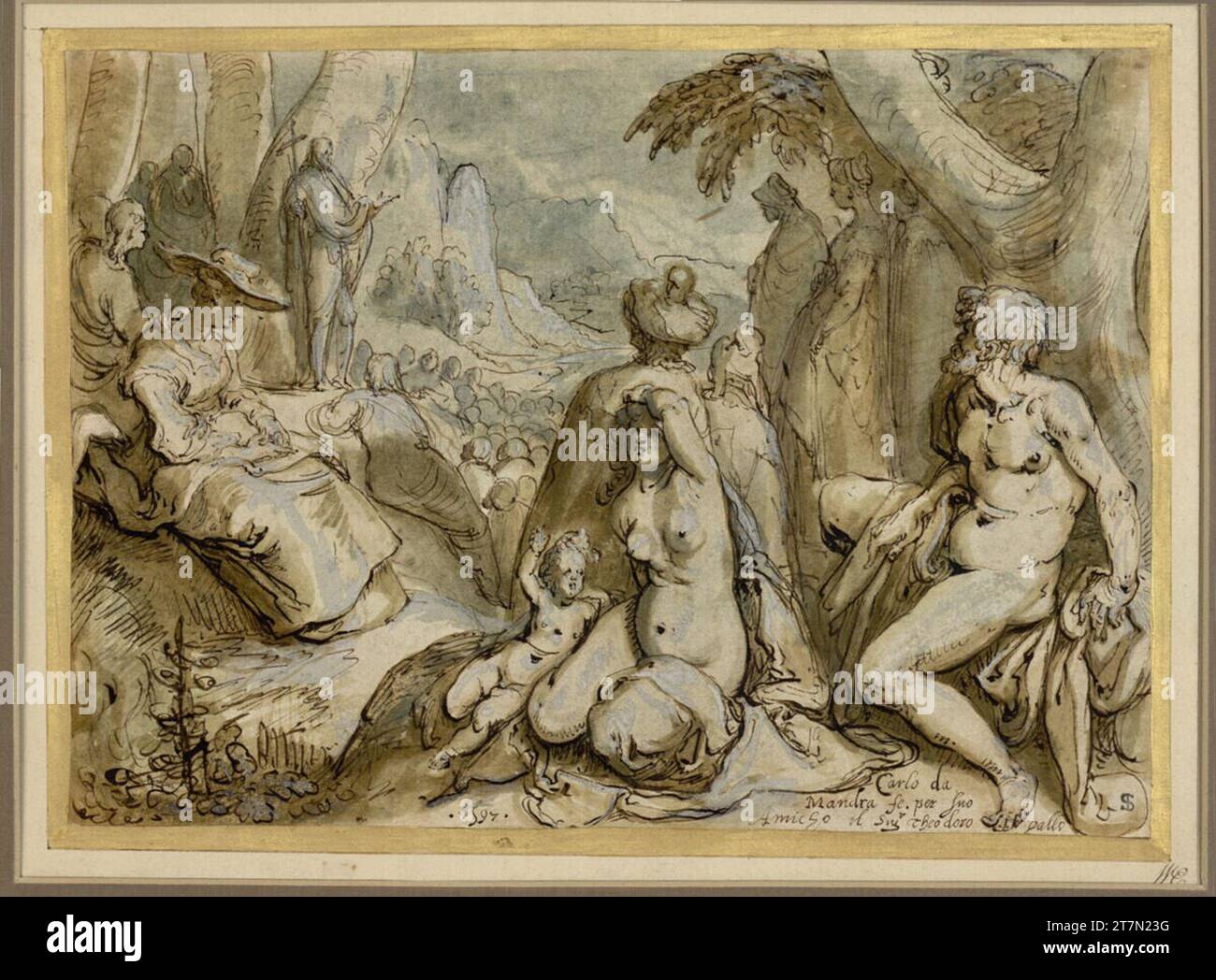 Karel van Mander la predicazione del battista. Feder in nero e marrone, marrone, blu e lavato in modo grezzo, bianco a treccia 1597 , 1597 Foto Stock