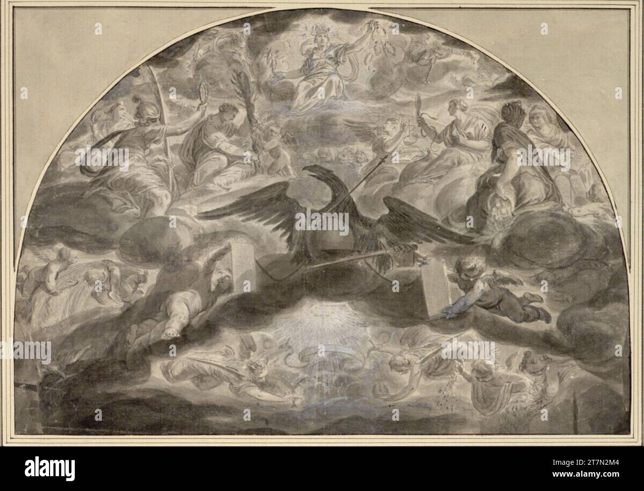Aegidius Sadeler d. J. allegoria imperiale con aquila imperiale, Vittoria ecc. (conclusione superiore di un'apoteosi di Rodolfo II?). Pennello in grigio, lavato, con tacco bianco, in un taglio di carta a forma di lunetta Foto Stock