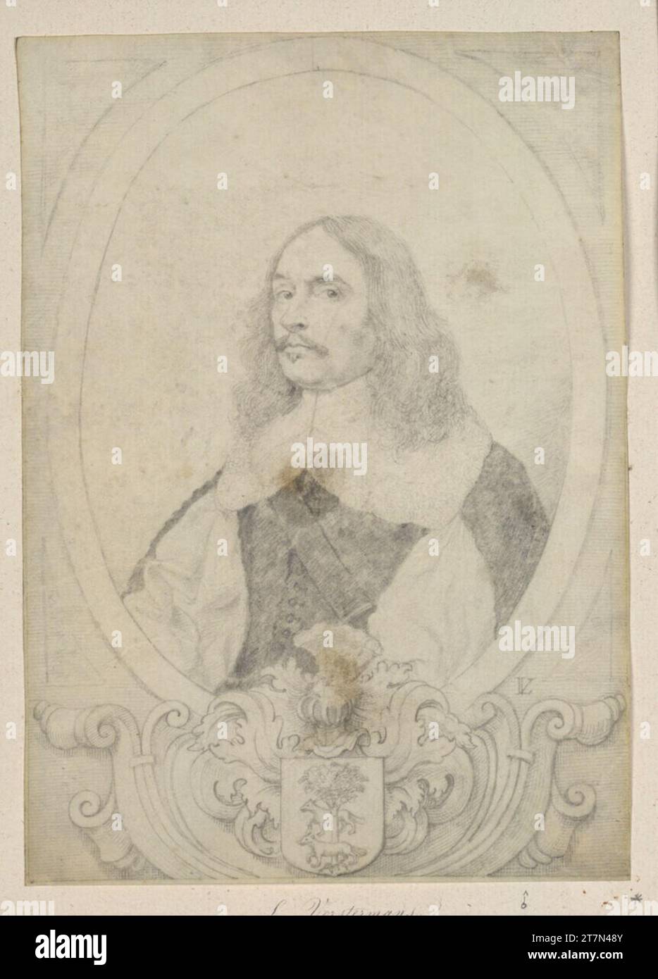 Lucas Vorsterman Ritratto di un uomo nell'ovale via stemma (albero e due lupi). Matita di grafite, su pergamena. Due macchie marroni sul petto e sul casco; grigio ruvido destro. Della testa; giallastro inquinato sui bordi. Foto Stock