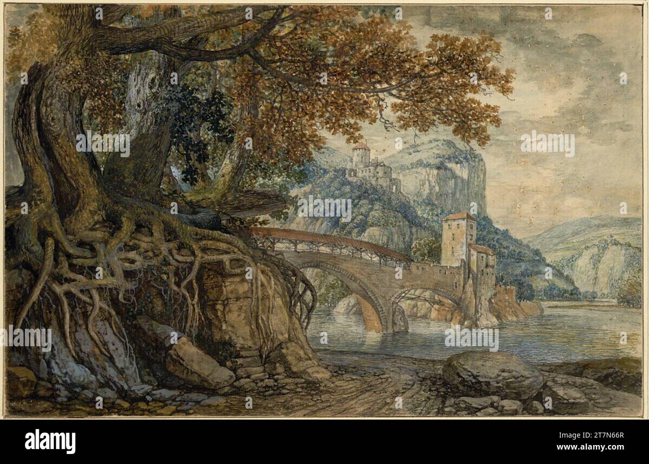 Jacob van Ruisdael gruppo commerciale su rocce, di fronte a un paesaggio fluviale con un ponte coperto e un castello. Colori delle copertine, vernici ad acquerello, pennelli con inchiostro marrone (tempera?) Foto Stock