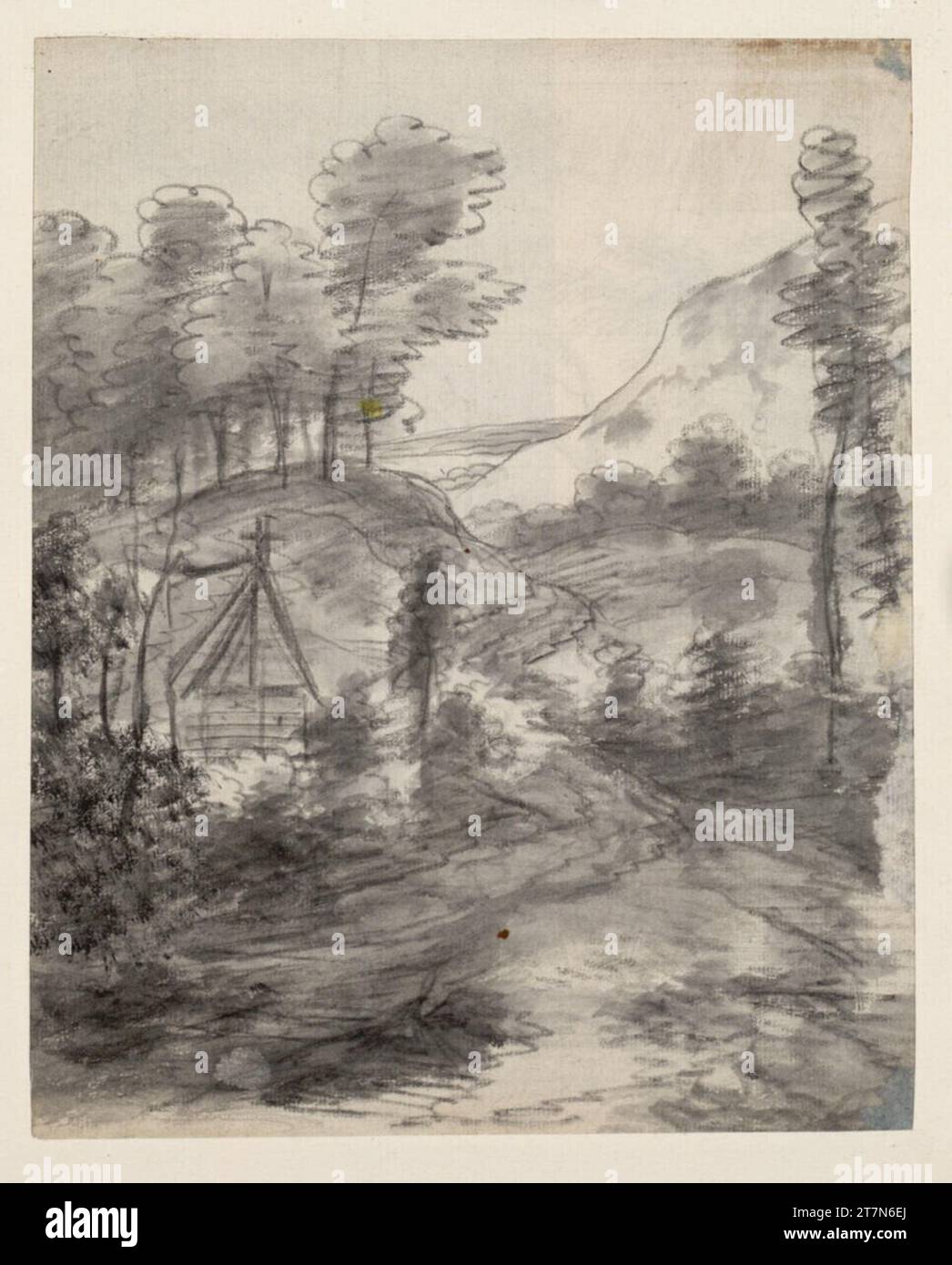 Jan van Kessel paesaggio della foresta con cappella. Gesso nero, pennello grigio, grigio. Foto Stock