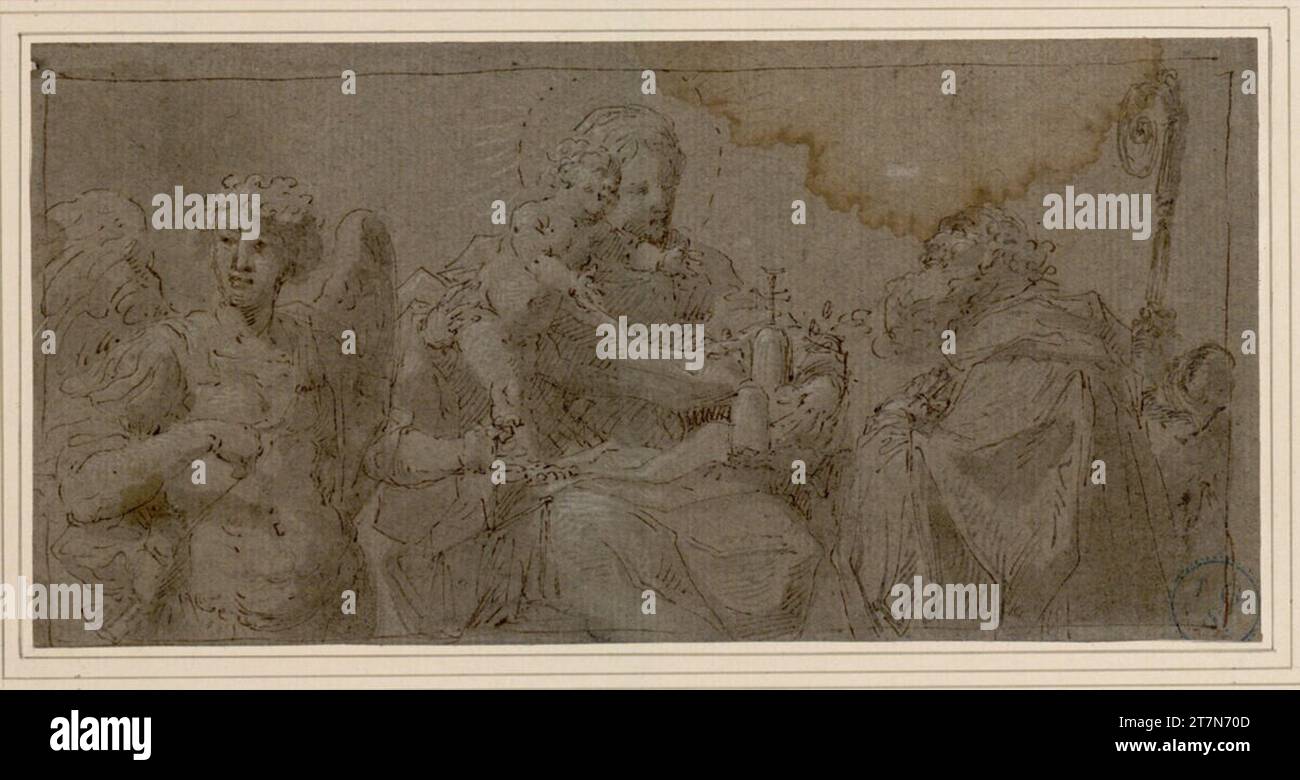 Lodewyk de Deyster Maria con un bambino, in possesso di una montagna di tre, tra St. Michael e St. Nikolaus. Feder in marrone, grigio lavato, con gesso bianco, su carta grigia -marrone; grande macchia marrone -bordo acqua. Sopra; due piccole macchie brunastra in li. Area del bordo; profilo molto piccolo nel li. Angolo superiore Foto Stock