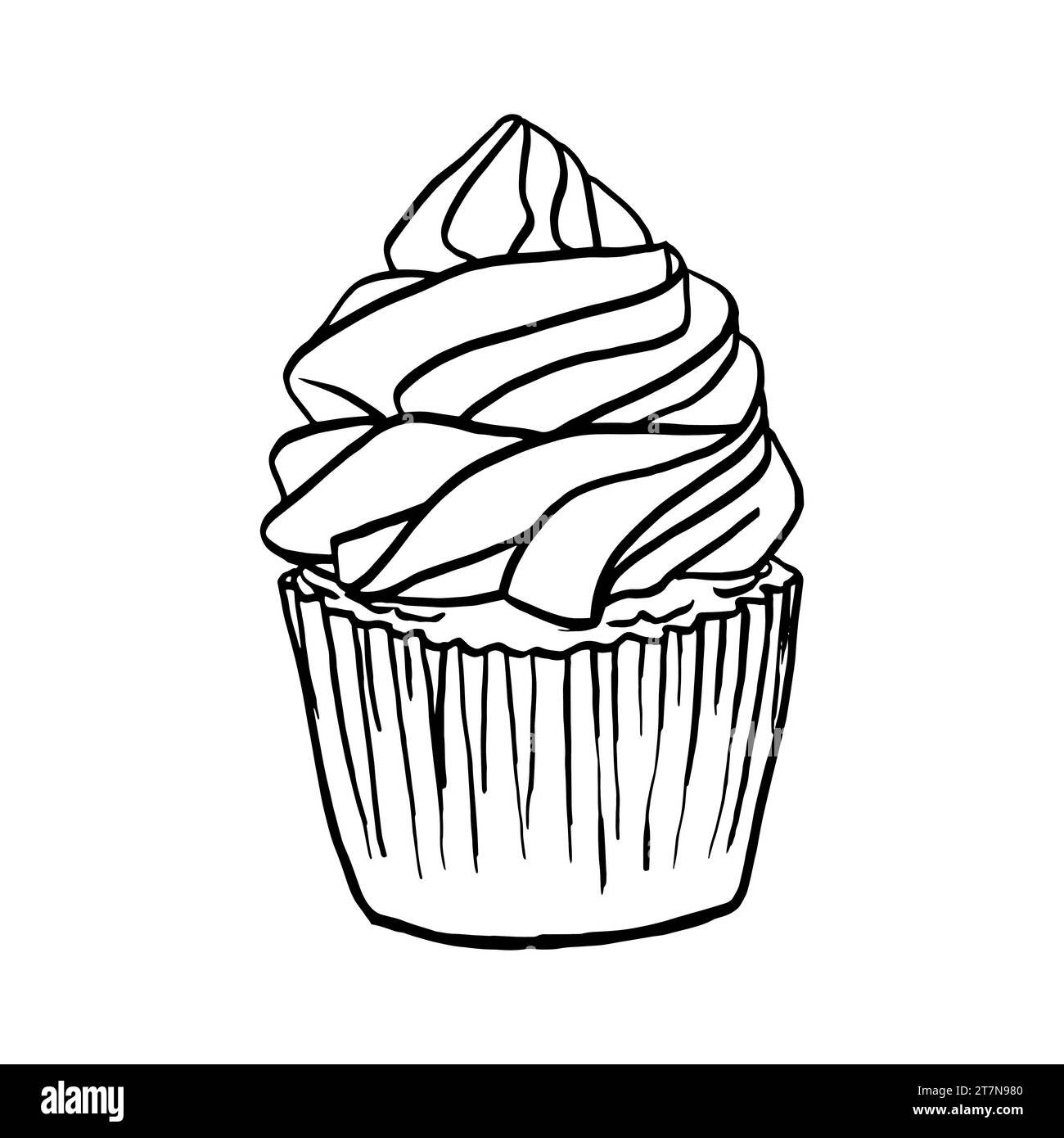 Linea di cupcake disegnata a mano disegnata in bianco e nero. Schizzo di muffin appena sfornato, illustrazione vettoriale di pasta incisa. Dolce dolce dolce dolce Illustrazione Vettoriale