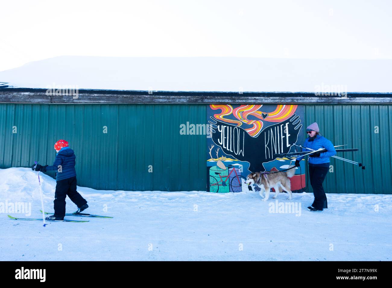 Madre e figlio tornano da sci di fondo sul lago Frozen Slave, Yellowknife, Northwest Territories, Canada Foto Stock
