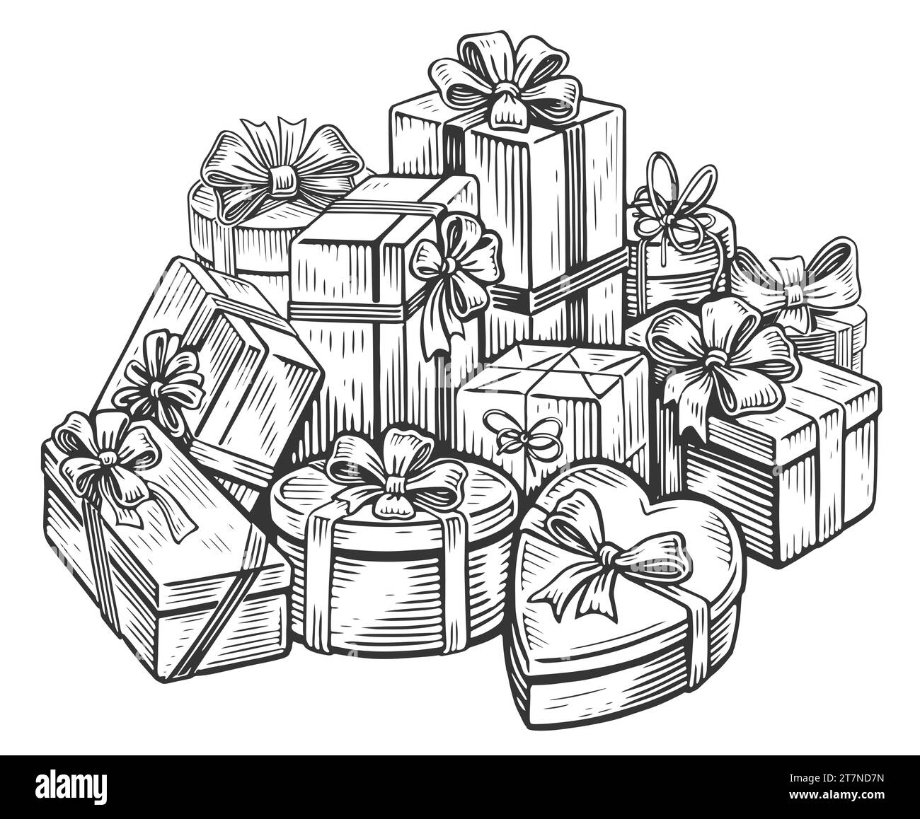 Una grande pila di confezioni regalo con fiocchi. Tanti regali per Natale o compleanno. Disegnare un'illustrazione vintage Foto Stock