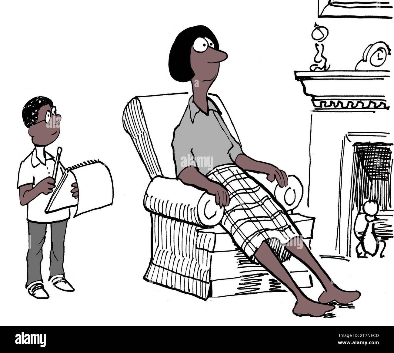 Cartone animato a colori di una mamma nera e suo figlio. Le sta chiedendo aiuto con i nuovi calcoli. Foto Stock