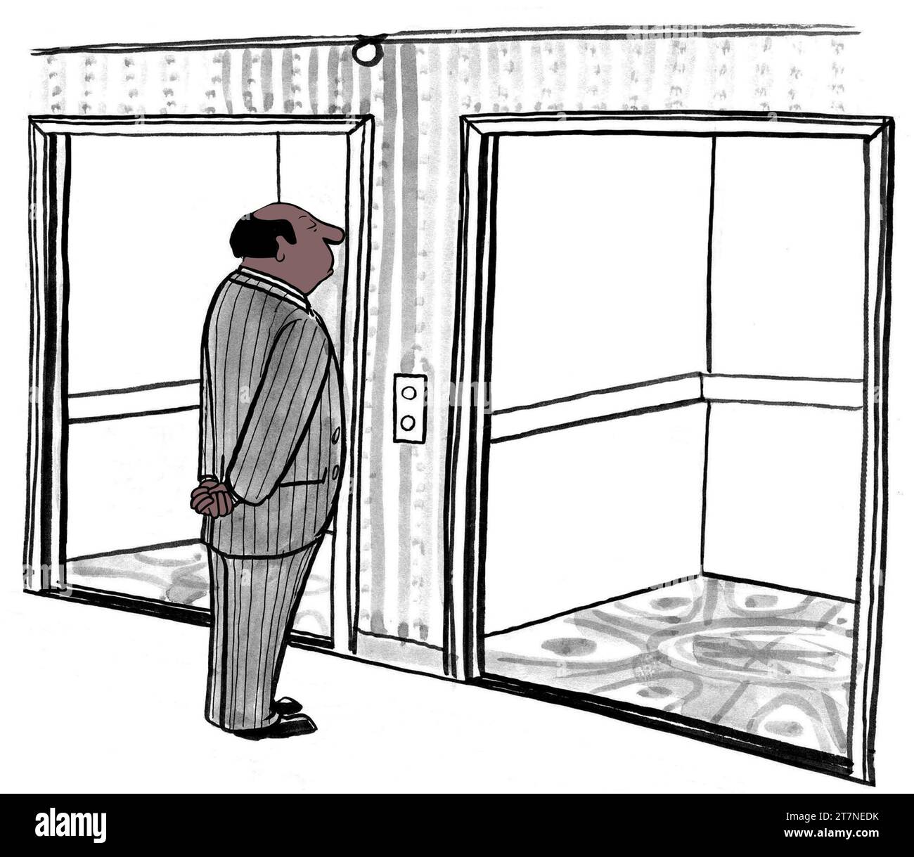 I professionisti afroamericani maschi possono scegliere tra due ascensori. Foto Stock