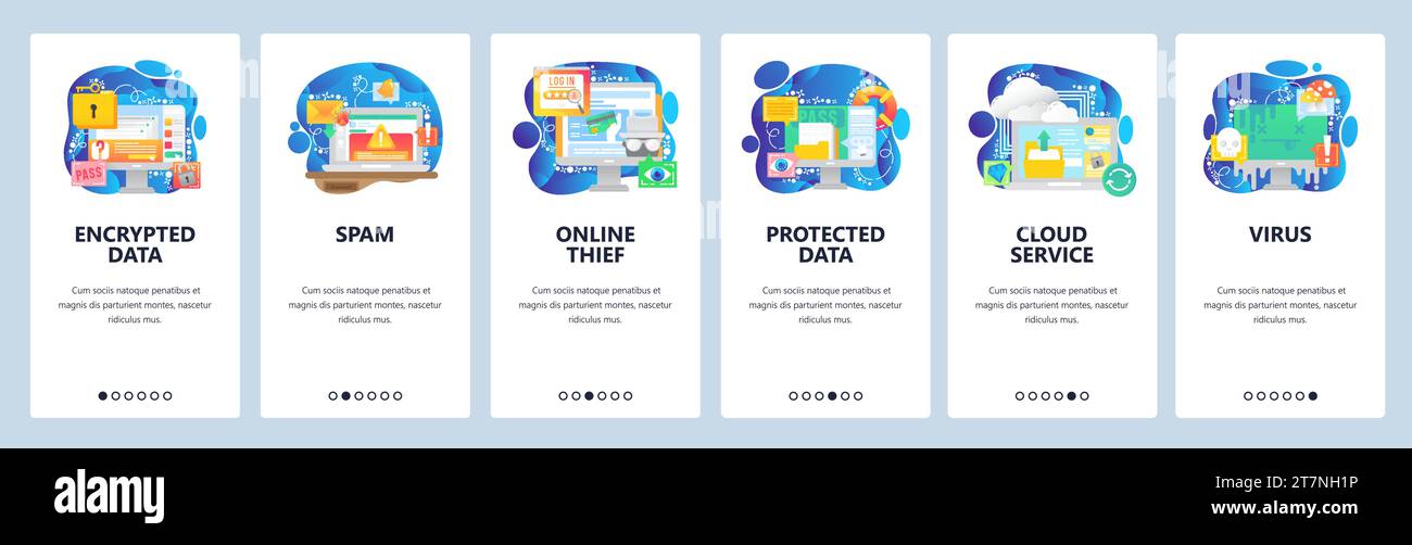 Schermate di onboarding delle app mobili. Protezione dei dati, accesso sicuro, spam e malware, hacker, virus, archiviazione cloud. Modello banner vettoriale di menu per il sito Web Illustrazione Vettoriale