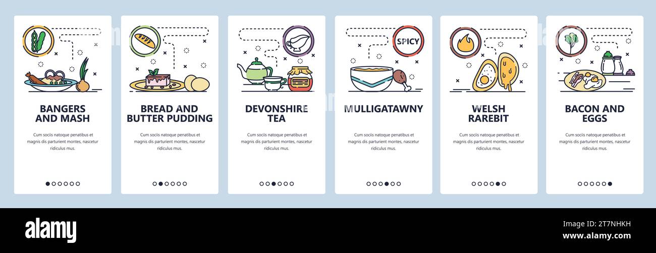 Schermate di onboarding delle app mobili. Cucina inglese e indiana, cucina internazionale e gallese. Modello di banner vettoriale per lo sviluppo di siti Web e dispositivi mobili Illustrazione Vettoriale