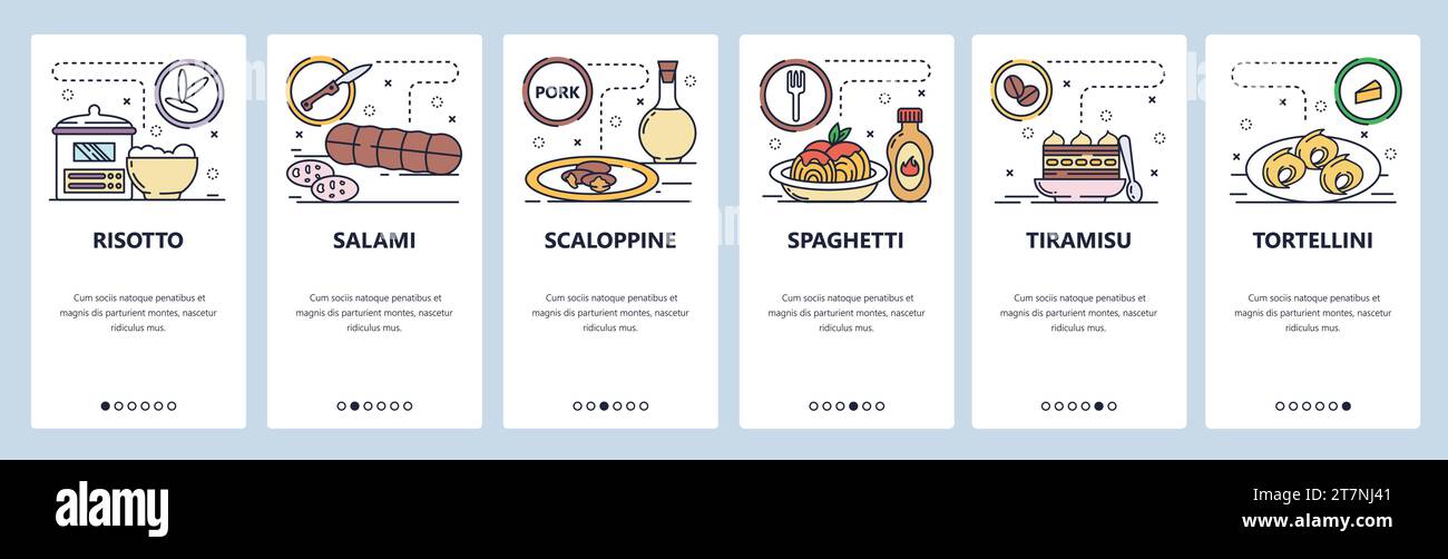 Schermate di onboarding delle app mobili. Cucina italiana, cibo, risotto, salame, pasta, tortellini. Modello di banner vettoriale per lo sviluppo di siti Web e dispositivi mobili Illustrazione Vettoriale