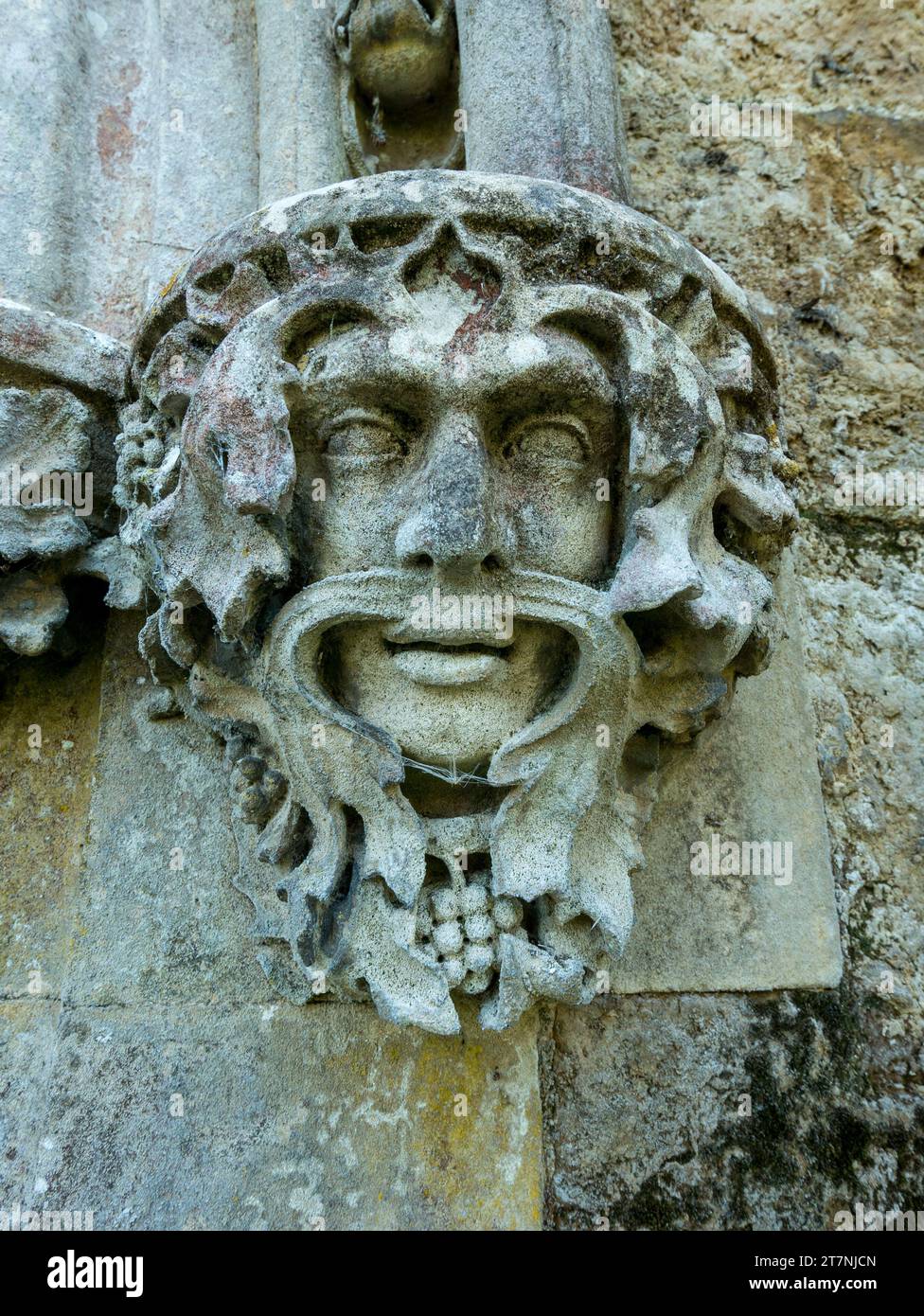 Vista dettagliata della scultura decorativa in pietra / muratura grottesca, verde, facciale, caricatura Little Dalby Church, Leicestershire, Inghilterra, Regno Unito Foto Stock