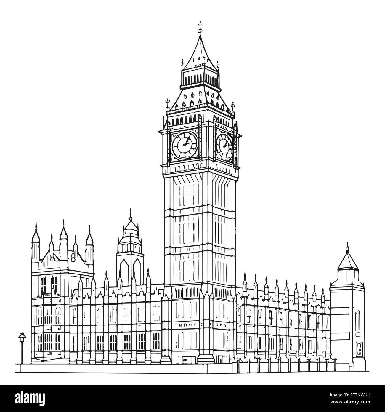 Disegno illustrativo del Big Ben, uno dei punti di riferimento più significativi di Londra, Regno Unito Illustrazione Vettoriale