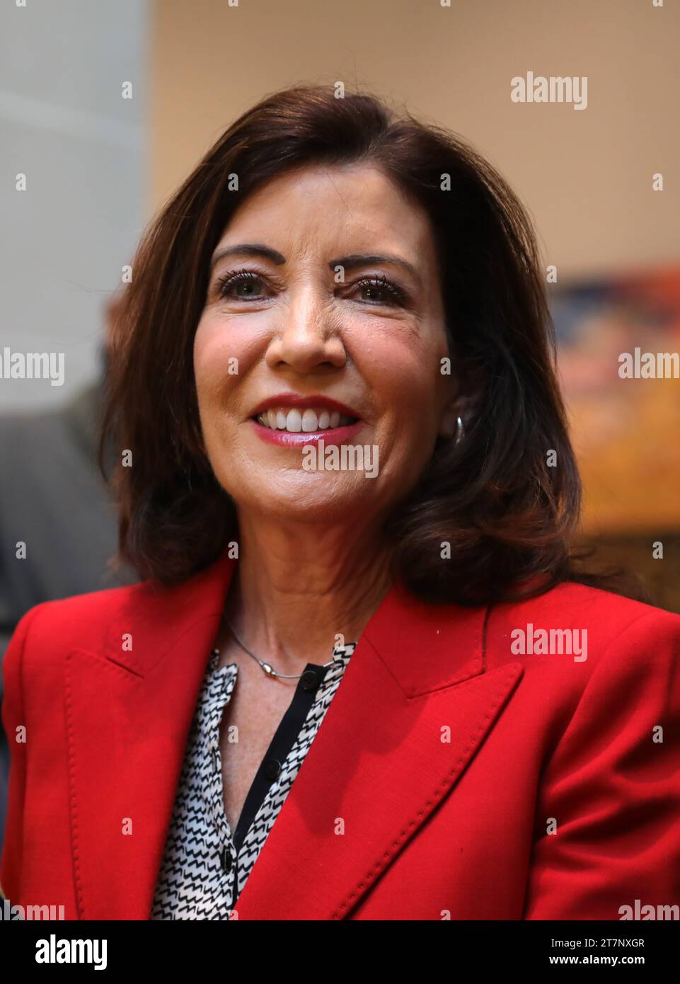 New York, NY, USA. 16 novembre 2023. Il governatore di New York Kathy Hochul firma il Clean Slate Act che sigilla alcuni precedenti penali e consente agli individui di cercare lavoro, alloggi e opportunità educative in modo da poter migliorare la loro vita. I registri di individui con condanne per reati minori saranno sigillati dopo tre anni e quelli con certe condanne penali, otto anni, dopo la loro liberazione dall'incarcerazione il 16 novembre 2023 al Brooklyn Museum di New York City. Crediti: Chris Moore/Media Punch/Alamy Live News Foto Stock