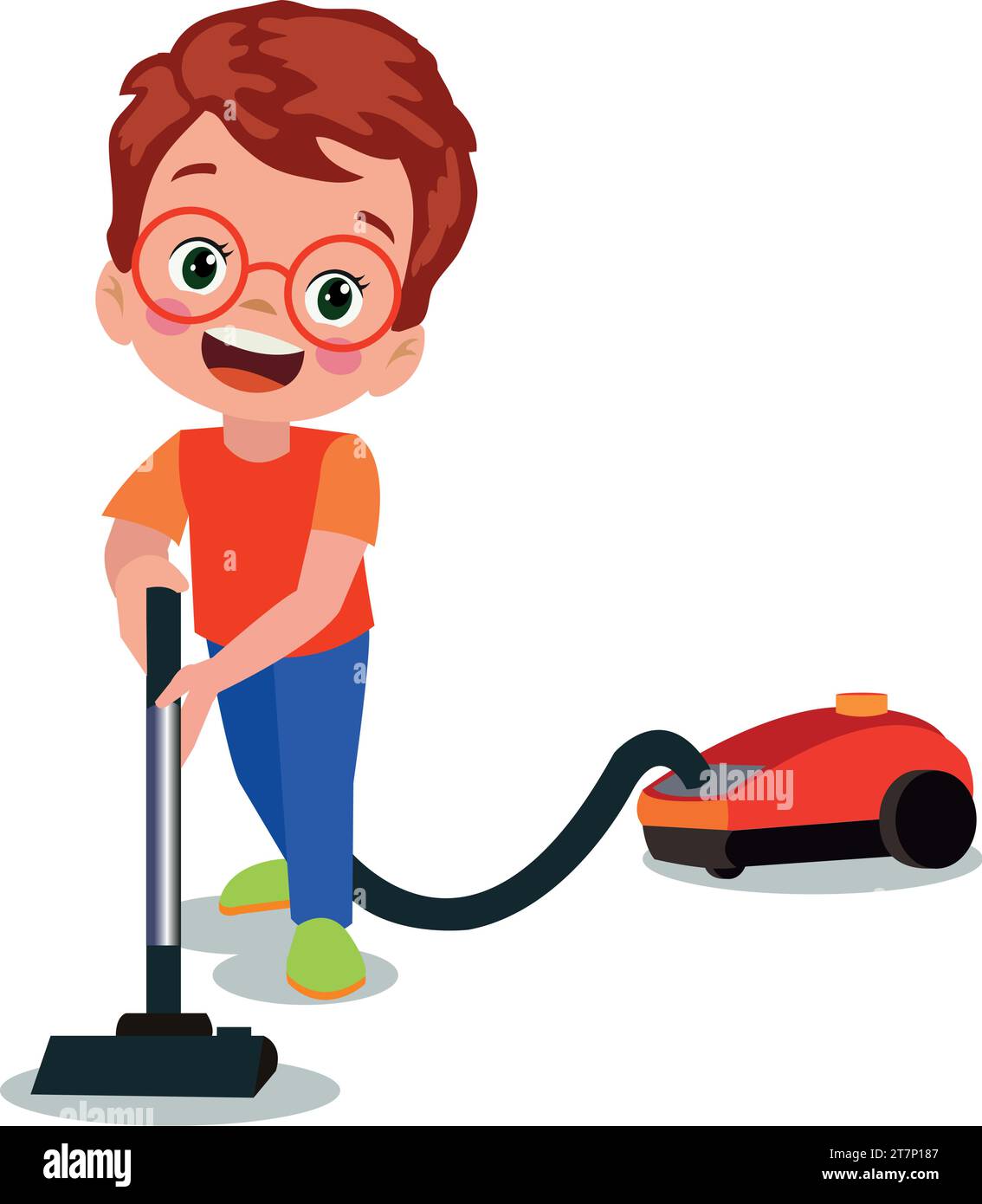 simpatico ragazzo che spazza la casa con l'aspirapolvere Illustrazione Vettoriale