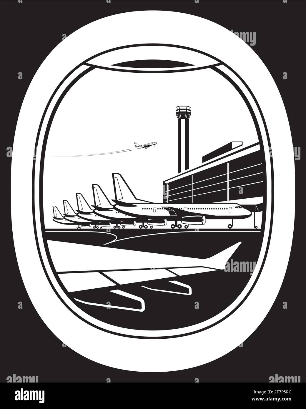 Vista verso l'aeroporto dal finestrino dell'aeromobile passeggeri - illustrazione vettoriale Illustrazione Vettoriale