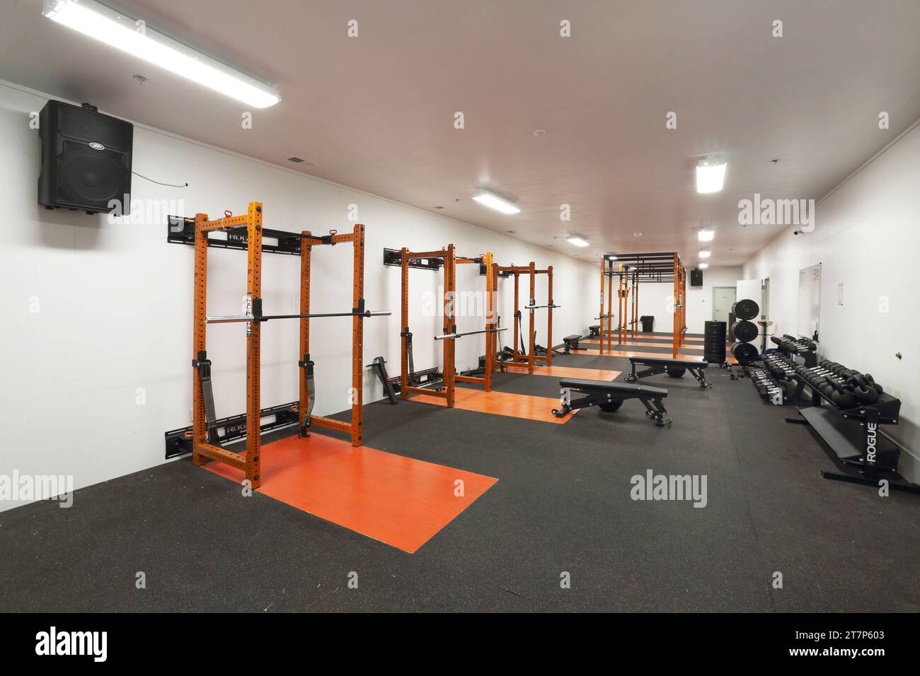La sala per l'allenamento dei pesi in una scuola superiore moderna. Foto Stock