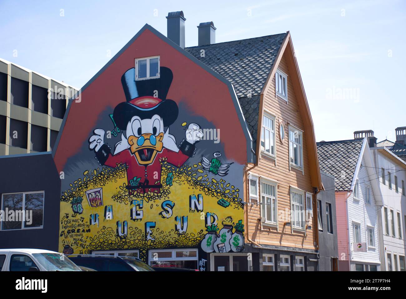 Casa con murales di Haugesund, Skåregata, Haugesund, Contea di Rogaland, Norvegia Foto Stock