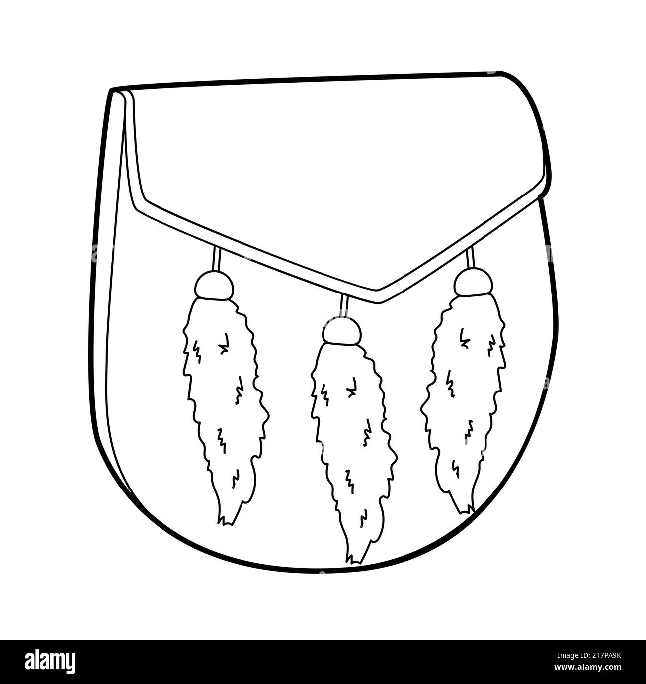 Borsa Sporran silhouette. Illustrazione tecnica degli accessori moda. Borsa a mano vettoriale frontale vista a 3-4° per uomo, donna, unisex, borsetta piatta con disegno CAD isolato Illustrazione Vettoriale