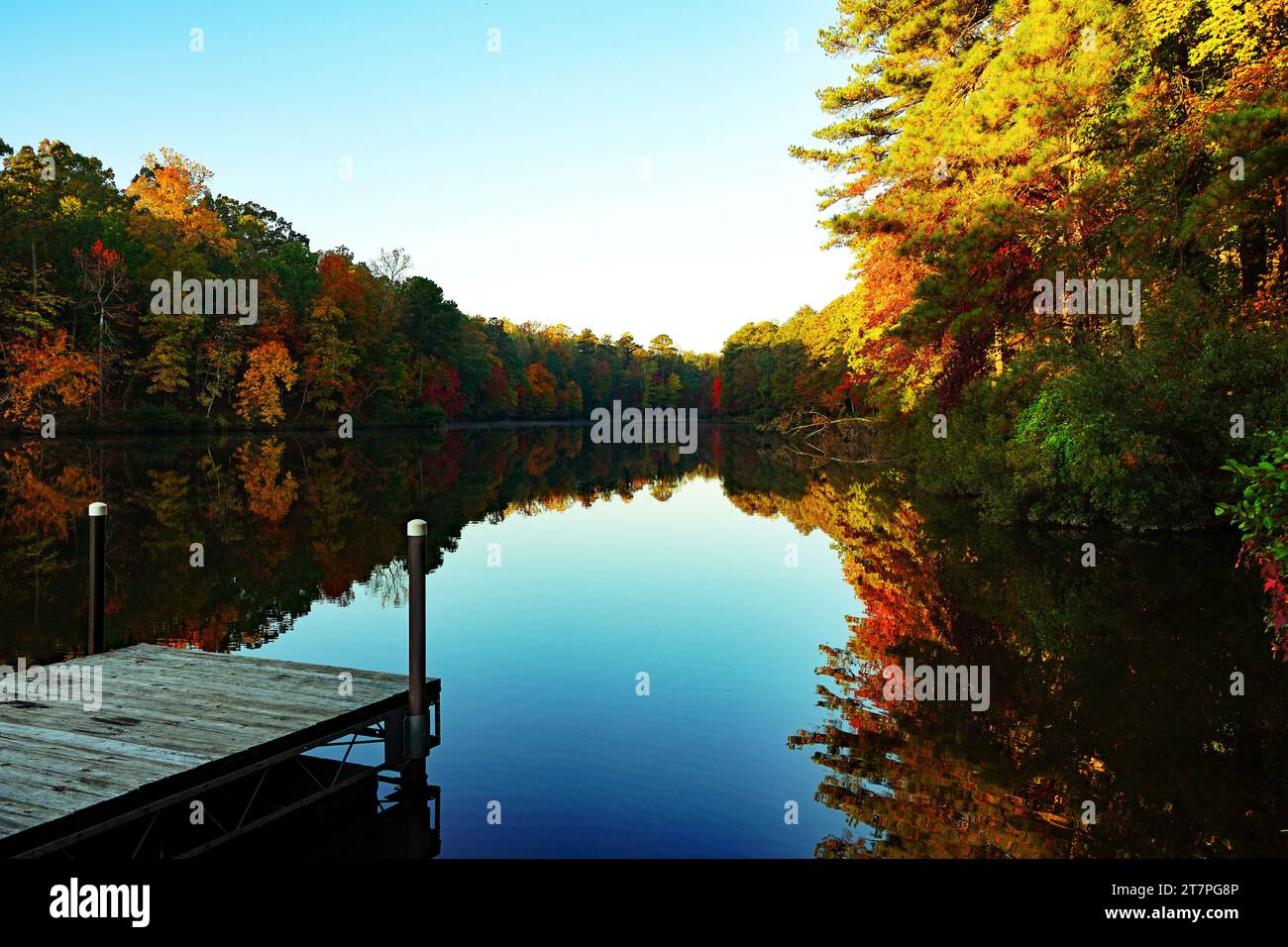 Riflesso mattutino dei colori delle foglie autunnali su un lago nel North Carolina. Il lago calmo crea uno specchio come una superficie riflettente. Foto Stock