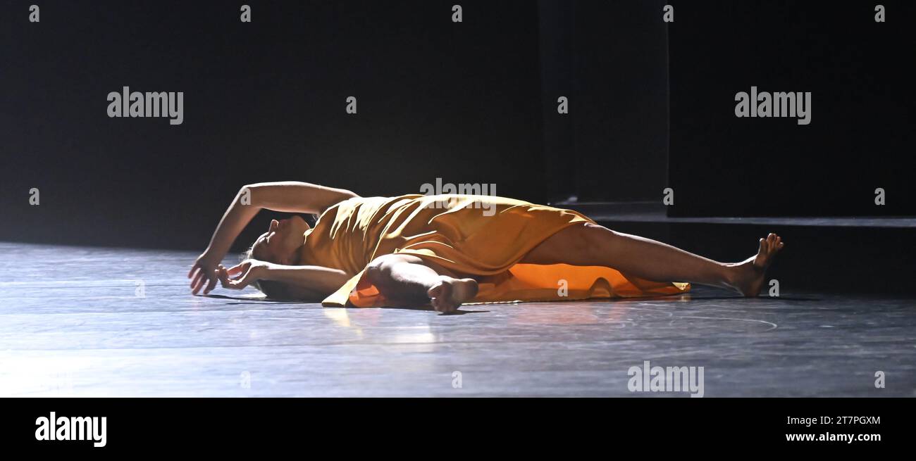 LOVETRAIN2020 si basa sul rigore eccentrico che definisce Emanuel Gat Dance. La compagnia, con sede a Marsiglia, ha presentato in anteprima LOVETRAIN2020 al festival Montpellier Danse. Con i costumi avventurosi di Thomas Bradley e l'illuminazione di Gat stesso, questa performance per i ballerini della compagnia, una storia di persone che si muovono in avanti mentre si uniscono, si allontanano, spingono, tirano e si mettono in discussione, oscilla vigorosamente tra il silenzio e gli avvisi canori. Foto Stock