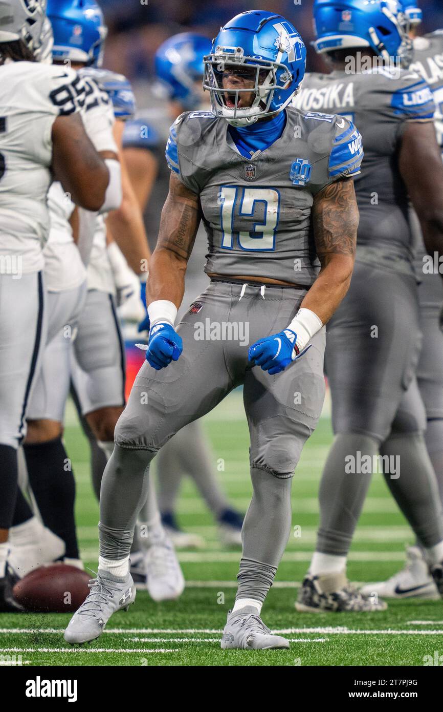 Detroit, mi, USA: Il running back dei Detroit Lions Craig Reynolds (13) festeggia durante una partita NFL contro i Las Vegas Raiders al Ford Field, lunedì, oC Foto Stock