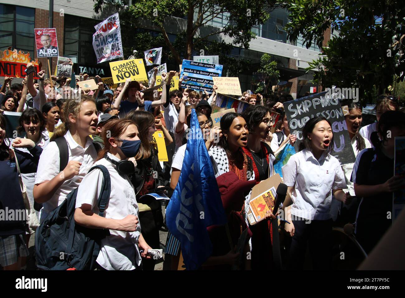 Sydney, Australia. 17 novembre 2023. I manifestanti guidati da bambini delle scuole hanno marciato da Belmore Park all'ufficio del Ministro dell'ambiente e dell'acqua al 1A Great Buckingham Street come parte del movimento di azione per il clima dello sciopero scolastico 4 chiedendo che Albanese e Plibersek #ShiftThePower si allontanino dai combustibili fossili ponendo fine a tutte le approvazioni e i sussidi di nuovi progetti di combustibili fossili. Crediti: Richard Milnes/Alamy Live News Foto Stock