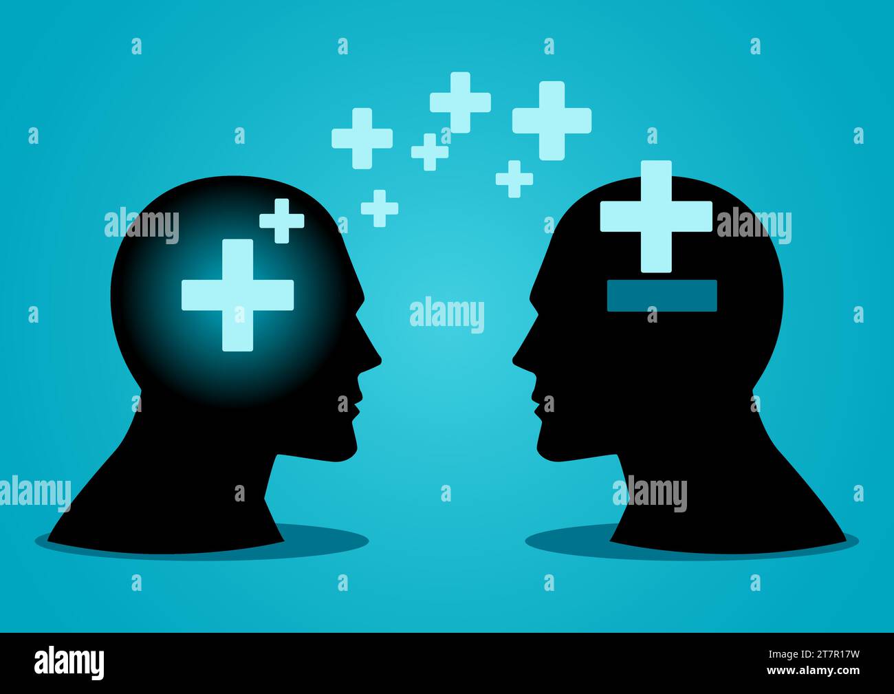 Illustrazione vettoriale della testa umana che trasferisce o diffonde energia positiva a un'altra testa umana Illustrazione Vettoriale