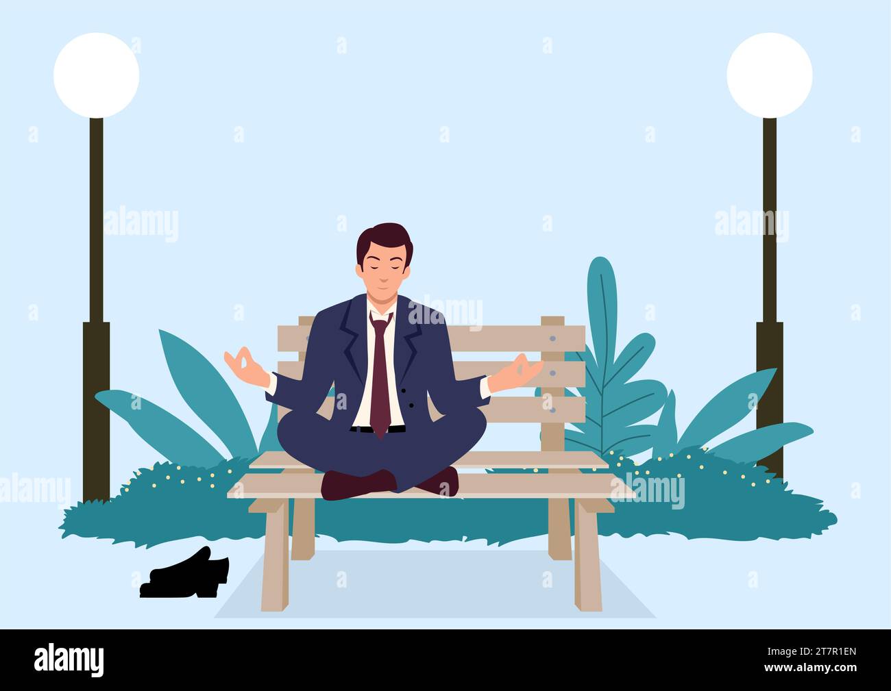 Semplice illustrazione vettoriale piatta di un uomo d'affari che fa yoga su una panchina al parco Illustrazione Vettoriale