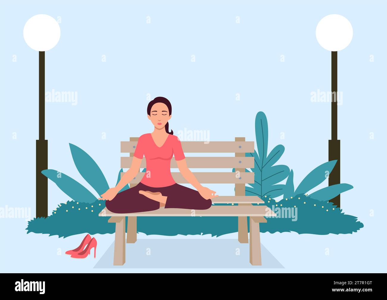 Semplice illustrazione vettoriale piatta di una donna che fa yoga su una panchina al parco Illustrazione Vettoriale