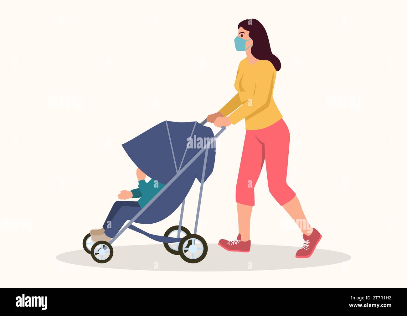Semplice illustrazione vettoriale piatta di una madre che indossa una maschera medica spingendo il suo bambino nel passeggino Illustrazione Vettoriale