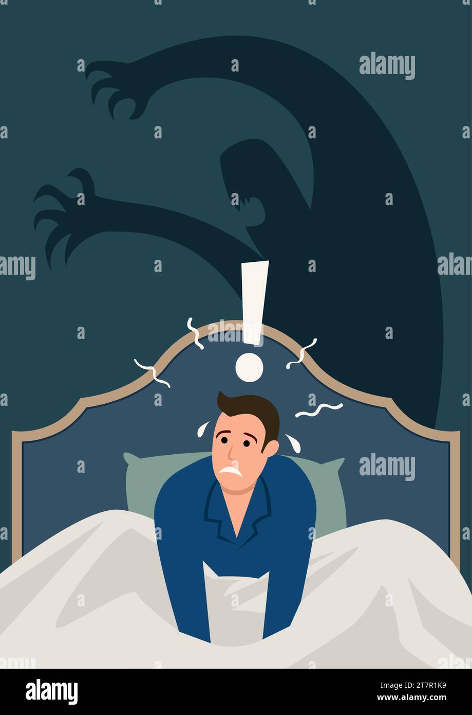 Semplice illustrazione vettoriale piatta di un uomo che si sveglia nel cuore della notte, stressato e spaventato dall'incubo. Ansia, attacco di panico, disagio nel sonno Illustrazione Vettoriale
