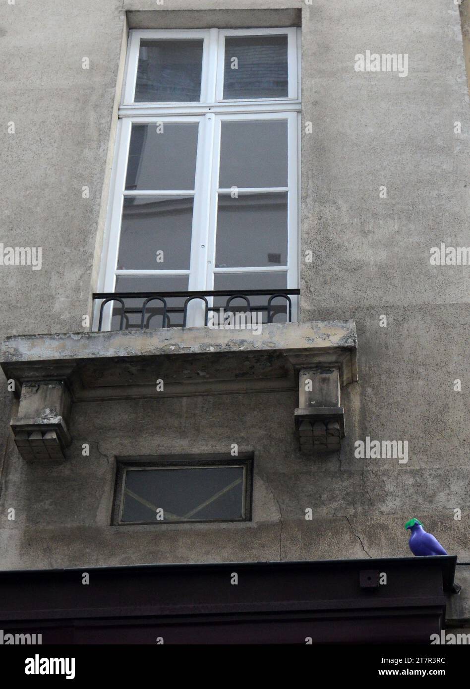 Una scultura di piccione blu in Rue du Parc Royal, Parigi, Francia Foto Stock