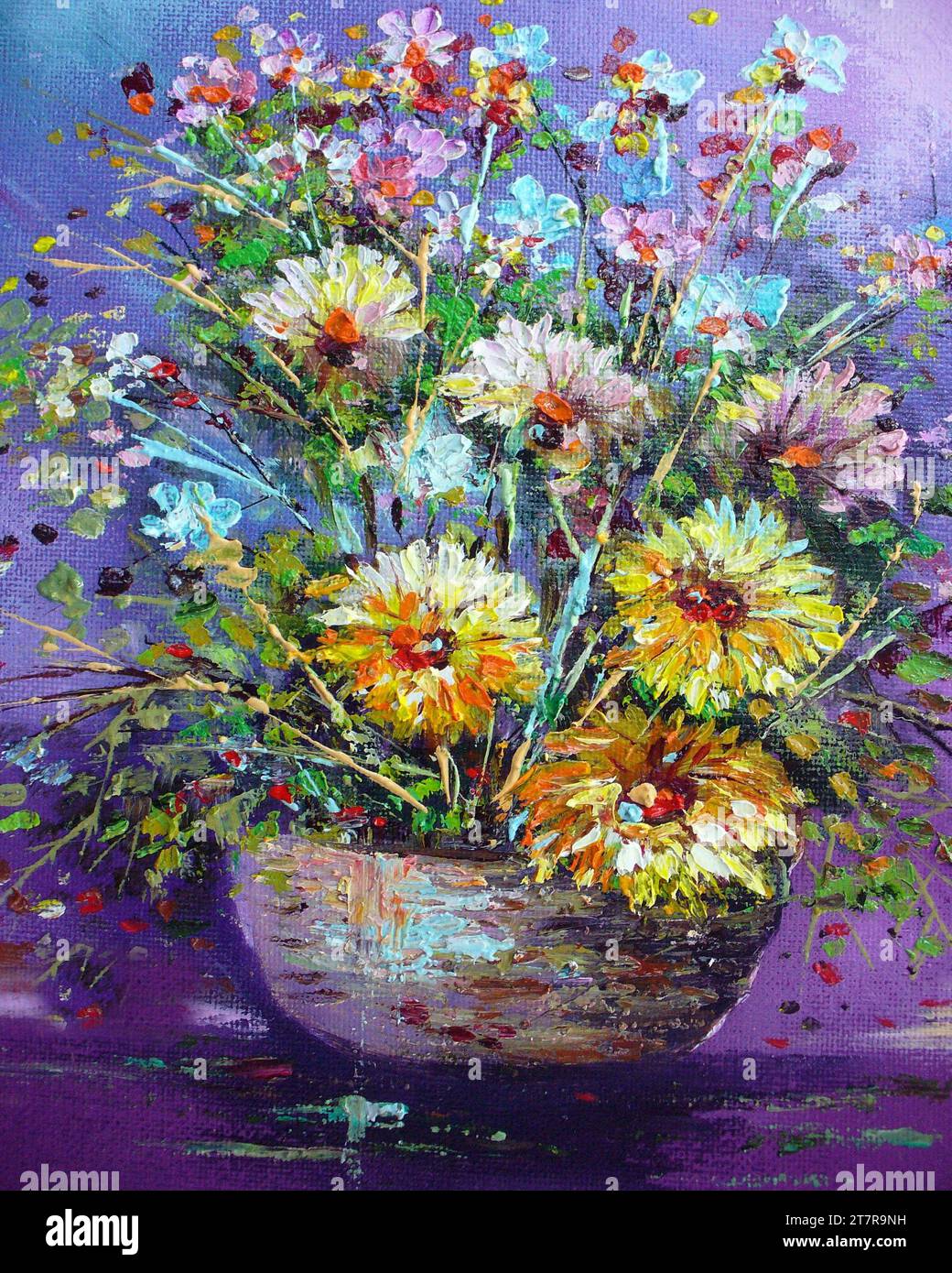 Pittura d'arte originale fiore di colore ad olio in vaso Foto Stock
