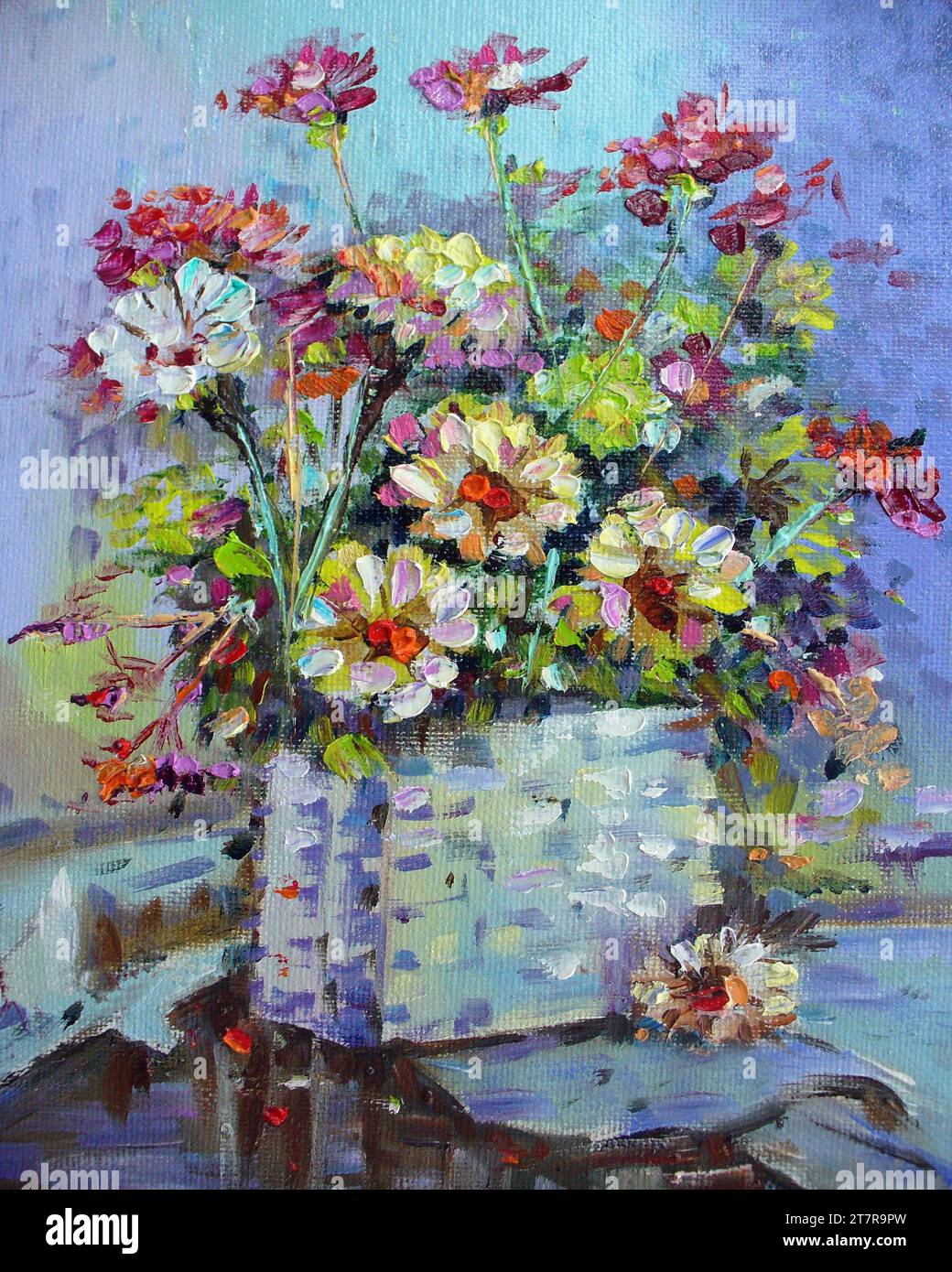 Pittura d'arte originale fiore di colore ad olio in vaso Foto Stock