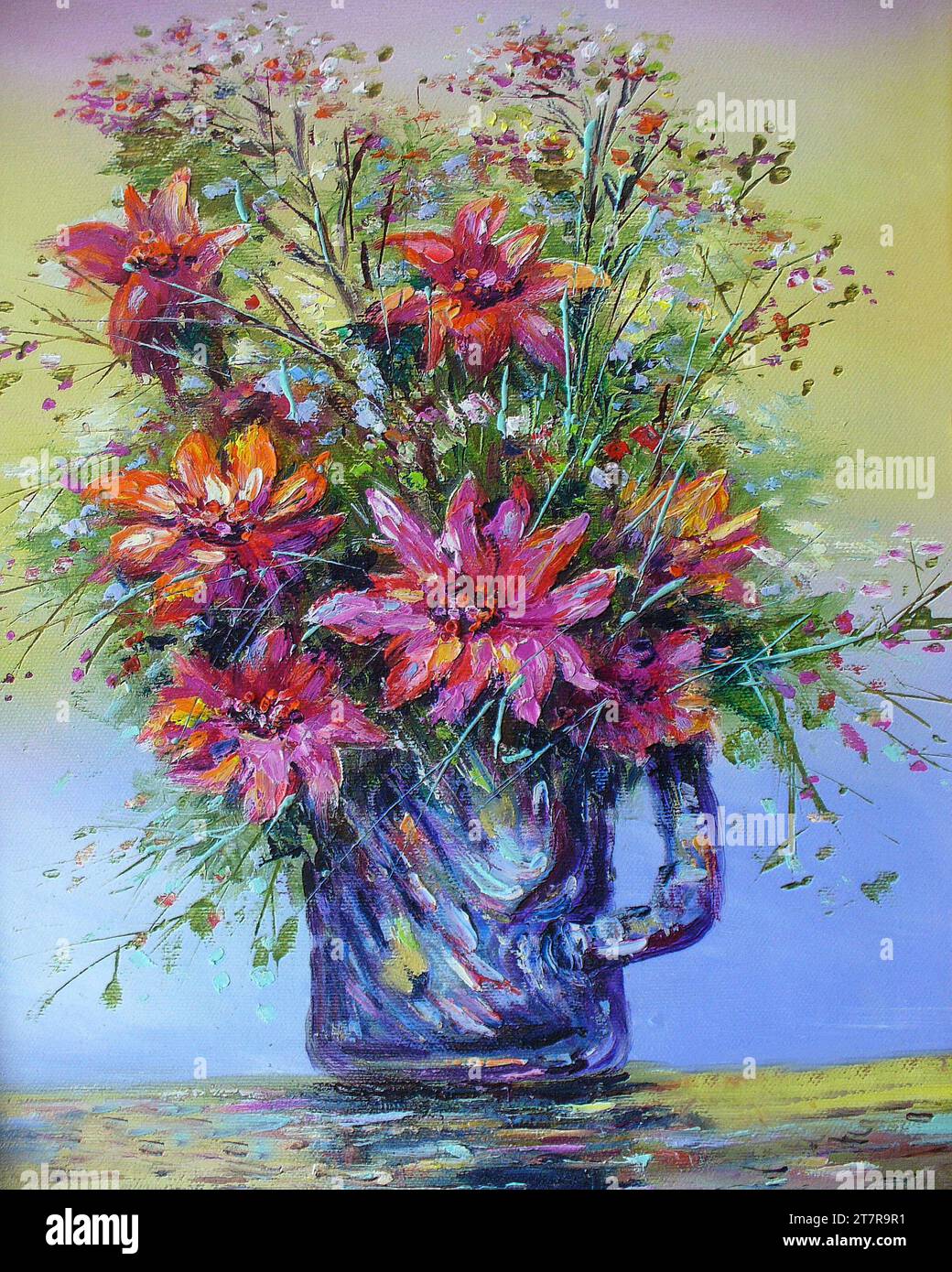 Pittura d'arte originale fiore di colore ad olio in vaso Foto Stock