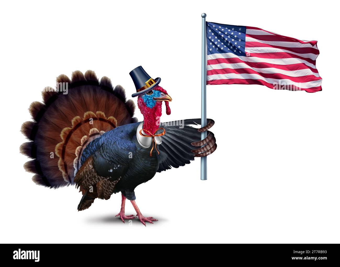 Bandiera degli Stati Uniti che sventola la Turchia e l'autunno o l'autunno del Ringraziamento gobbler stagionale con il simbolo degli Stati Uniti come tradizionale festa nazionale Foto Stock