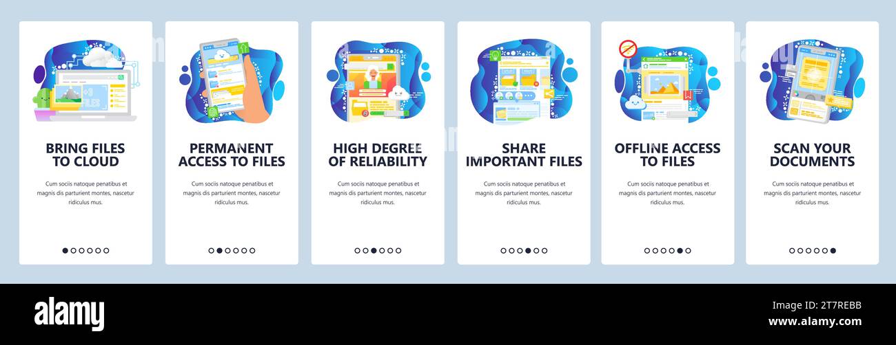 Archiviazione cloud e app di condivisione dei file. Accesso offline, tecnologia di storage, servizio di hosting. Schermate di onboarding delle app mobili. Modello di banner vettoriale per noi Illustrazione Vettoriale