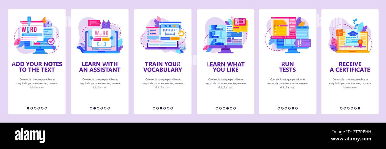 Tecnologia didattica online. Imparare la lingua straniera sul computer. Vocabolario, traduzione, salvi parole. Schermate delle app mobili. Modello vettoriale per dispositivi mobili d Illustrazione Vettoriale
