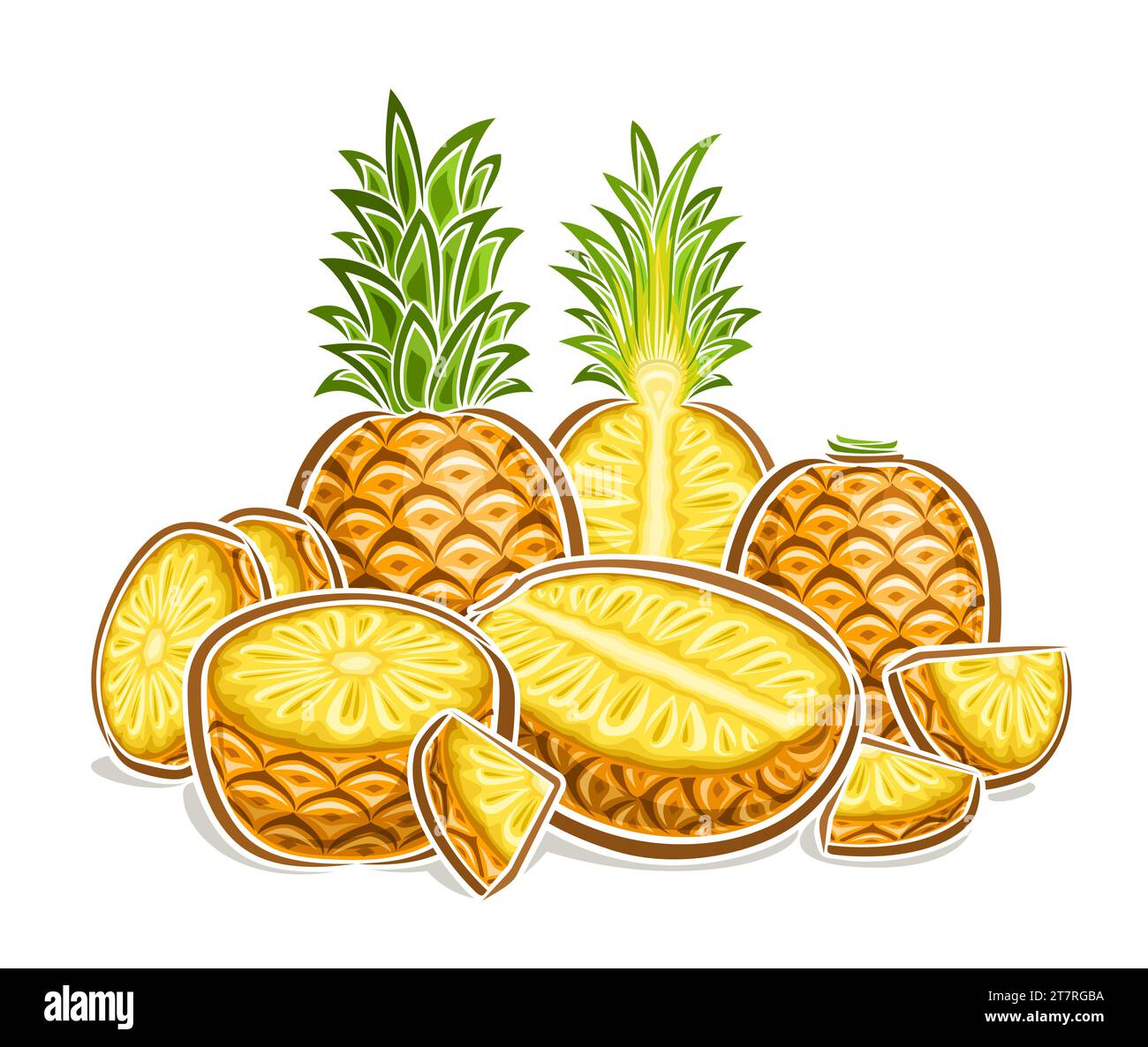 Logo vettoriale per ananas, poster decorativo orizzontale con contorno di una composizione di ananas succosa, disegno dei cartoni animati stampa fruttata con l'uomo Illustrazione Vettoriale