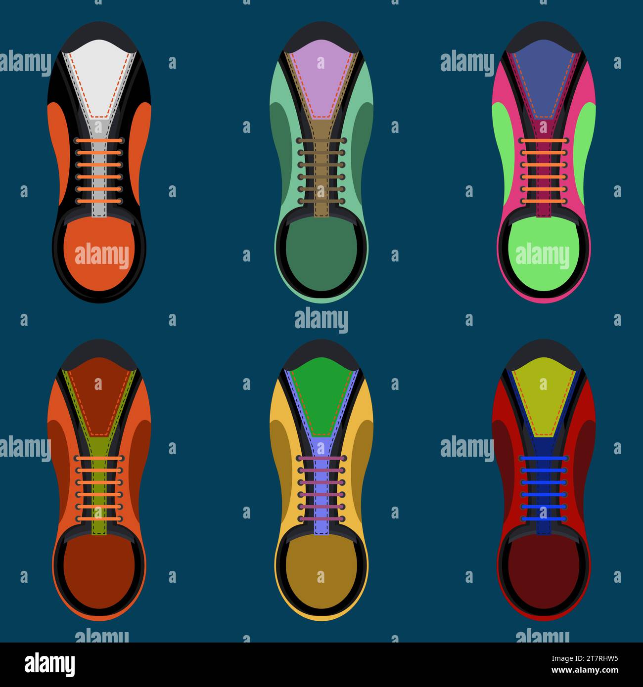 Set di sneakers per il fitness, la strada, la palestra, l'allenamento e la corsa. Scarpe sportive casual. Vista dall'alto. Collezione colorata. Illustrazione vettoriale in stile piatto. Illustrazione Vettoriale