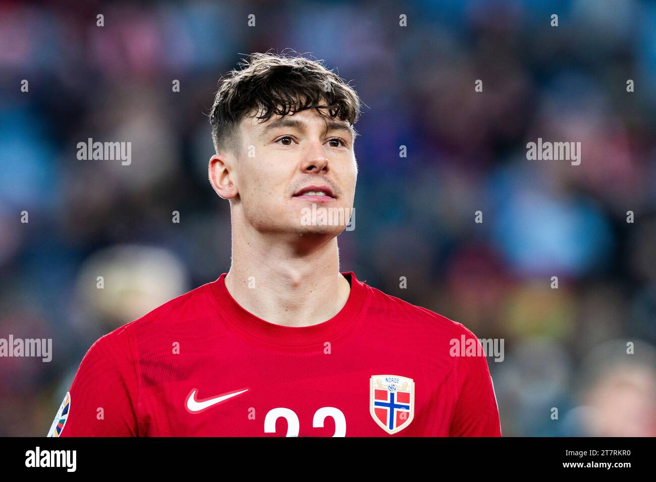 Oslo 20231116.Joergen Strand Larsen durante la formazione prima della partita di calcio internazionale privata tra la Norvegia e le Isole Faroe allo stadio Ullevaal. Foto: Erik Flaaris Johansen / NTB Foto Stock