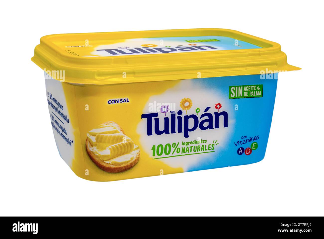 Huelva, Spagna - 17 ottobre 2023: Vasca di margarina a marchio Tulipán con sale, senza olio di palma, senza glutine, senza lattosio con vegetazione di girasole e colza Foto Stock