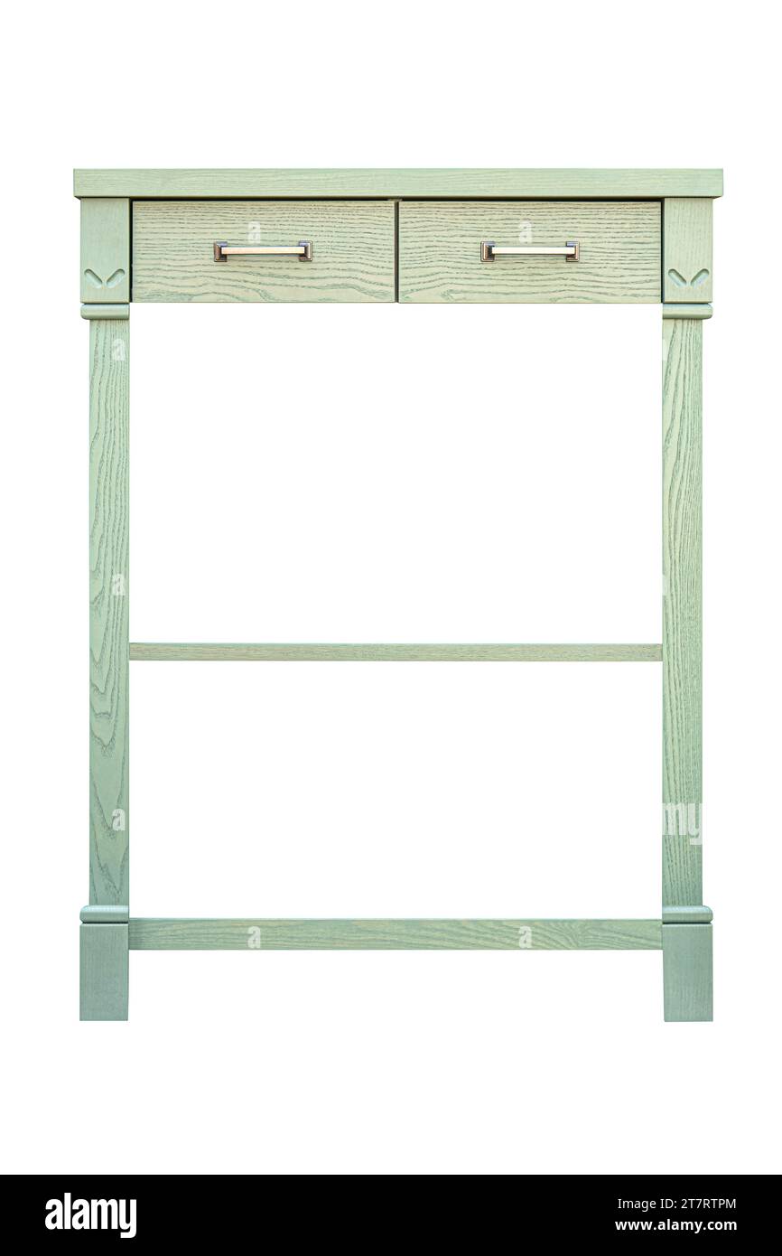 Tavolo da servizio in legno con cassetti e mensole di frassino massiccio e vernice smaltata verde chiaro isolato su sfondo bianco Foto Stock