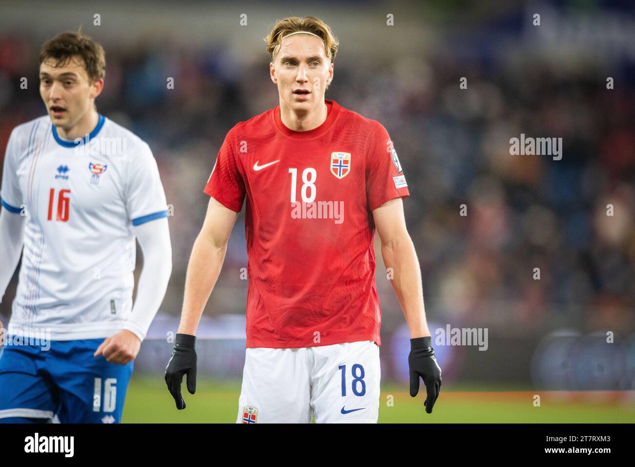 Oslo, Norvegia. 16 novembre 2023. Kristian Thorstvedt (18) della Norvegia visto durante la partita amichevole di calcio tra Norvegia e Isole Faroe all'Ullevaal Stadion di Oslo. (Foto: Gonzales Photo/Alamy Live News Foto Stock