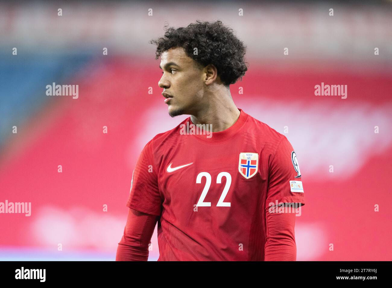 Oslo, Norvegia. 16 novembre 2023. Oscar Bobb (22) della Norvegia visto durante l'amichevole di calcio tra Norvegia e Isole Faroe all'Ullevaal Stadion di Oslo. (Foto: Gonzales Photo/Alamy Live News Foto Stock