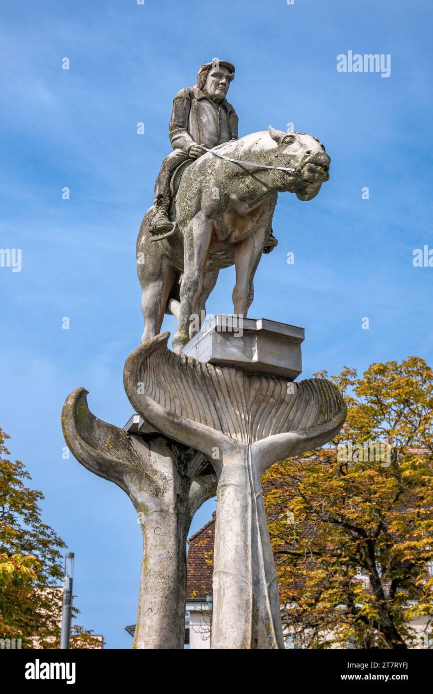 Fontana Bodenseereiter a Überlingen sul lago di Costanza, Baden-Württemberg, Germania, Europa Foto Stock